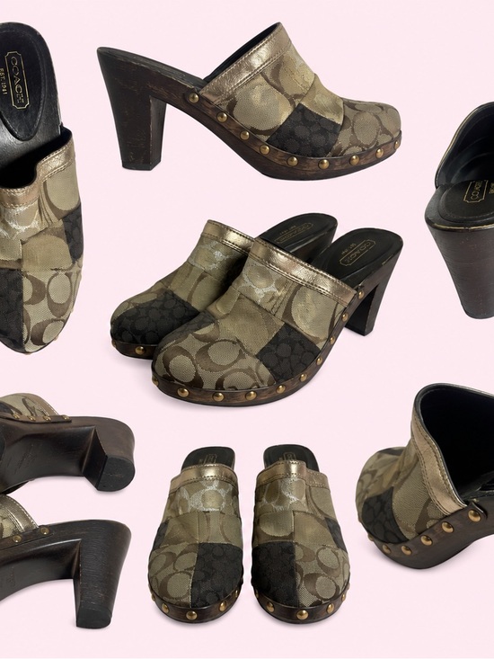 Coach Two-Tone Metallic Beige & Black Signature Wooden Clog Heels Size 9.5